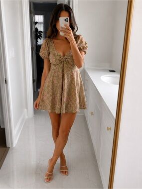 Japna Olive Floral Mini Dress with Pink Accents
